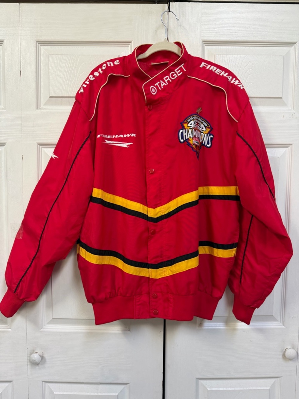 Target Red Firehawk Racing Bomber Jacket with Yellow & Black Stripes